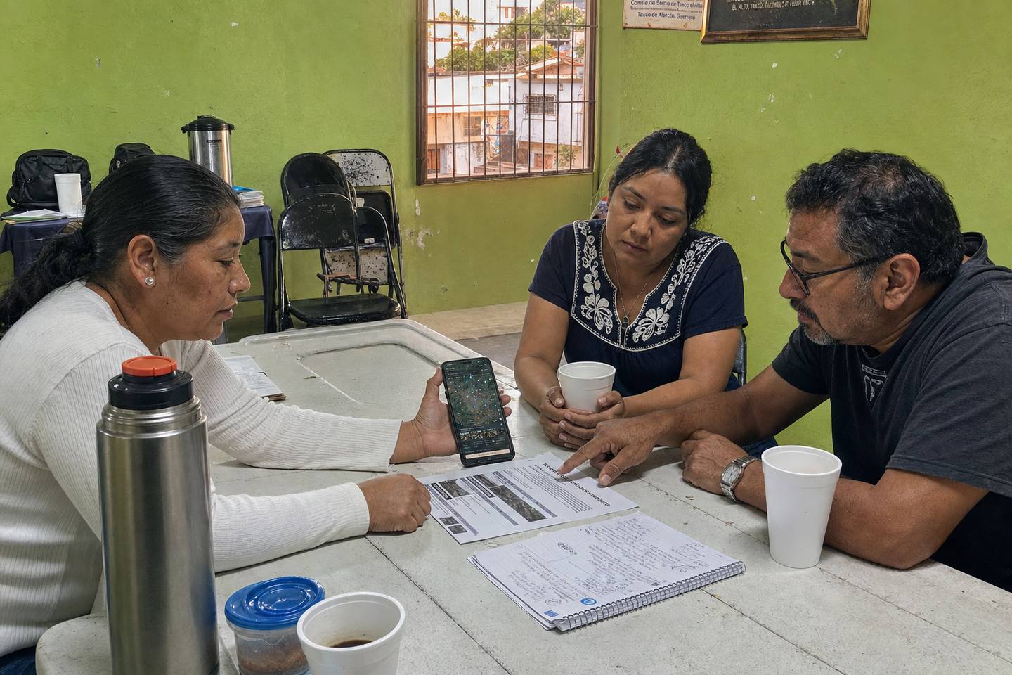 Recreación visual de un comité vecinal consultando el mapa y un expediente público durante una reunión comunitaria