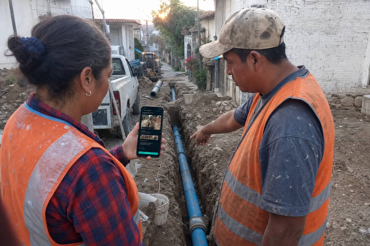 Recreación visual de dos personas trabajadoras comparando una evidencia de Mapa Cívico con una instalación de agua en Taxco
