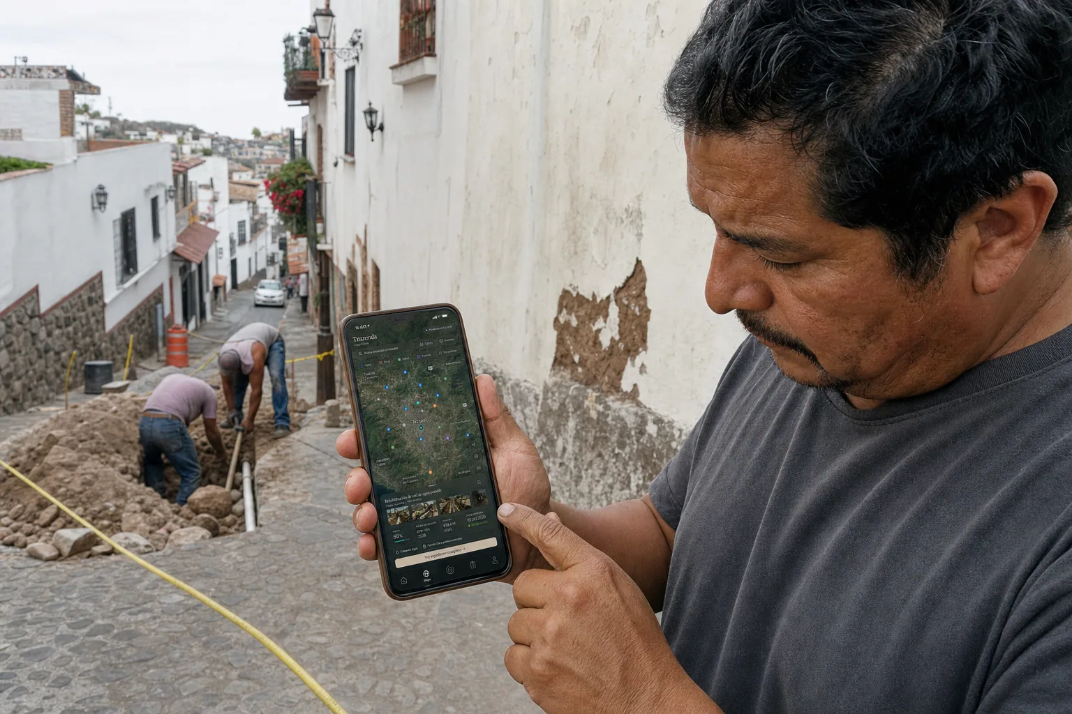 Recreación visual de un técnico de obra consultando el mapa cívico junto a una reparación de agua en una calle de Taxco
