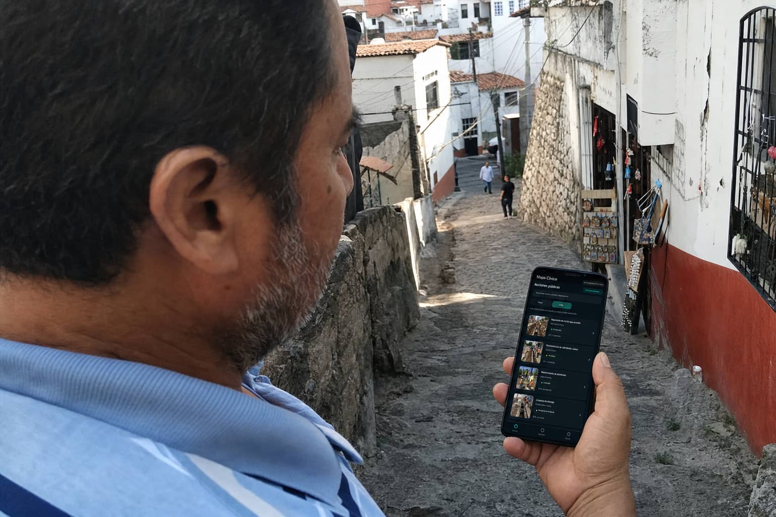 Recreación visual de un vecino consultando la lista de acciones públicas de Mapa Cívico en una calle de Taxco