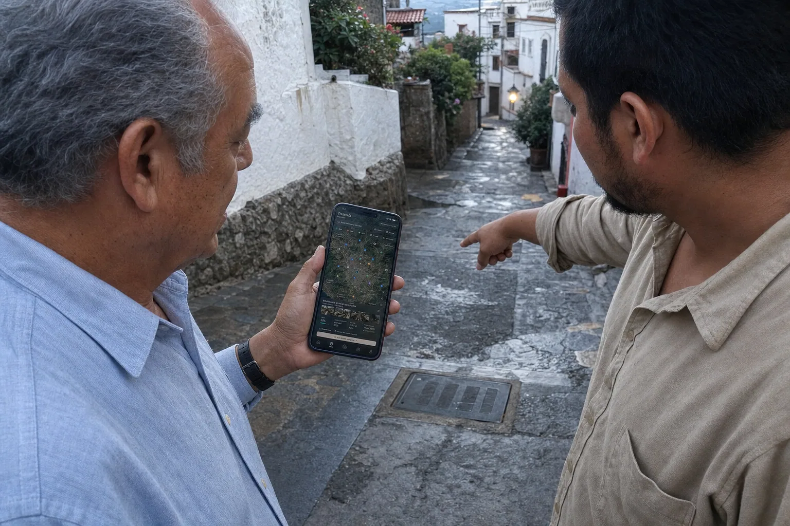 Recreación visual de dos integrantes de la comunidad verificando una reparación de drenaje con Mapa Cívico en Taxco