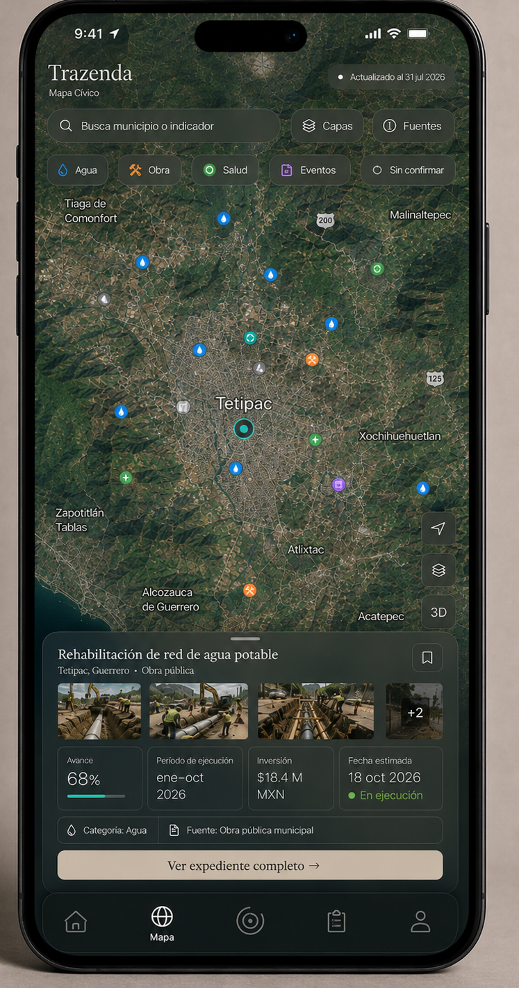 Pantalla completa del prototipo de Mapa Cívico con mapa satelital, puntos de acciones públicas y ficha de obra