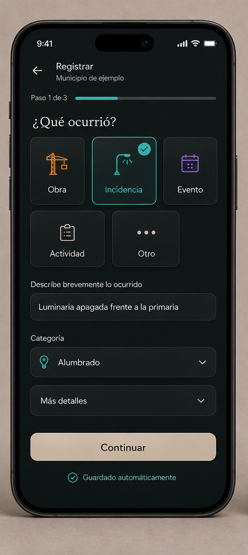 Pantalla para registrar el tipo de acción o incidencia