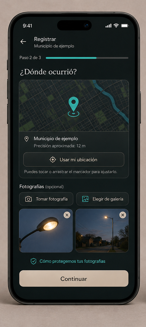 Pantalla para registrar ubicación y fotografías