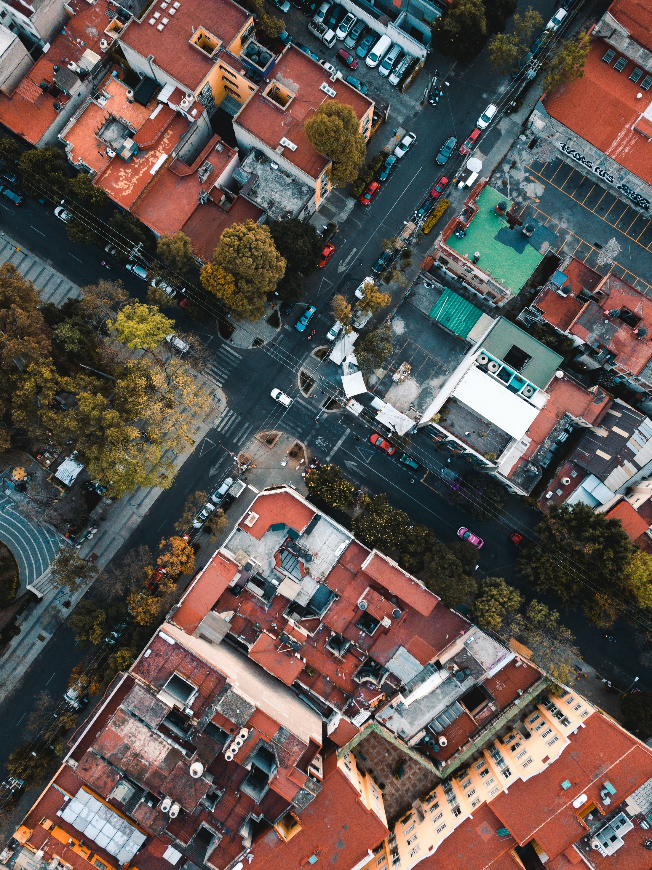 Vista aérea de calles, edificios y árboles en la Ciudad de México